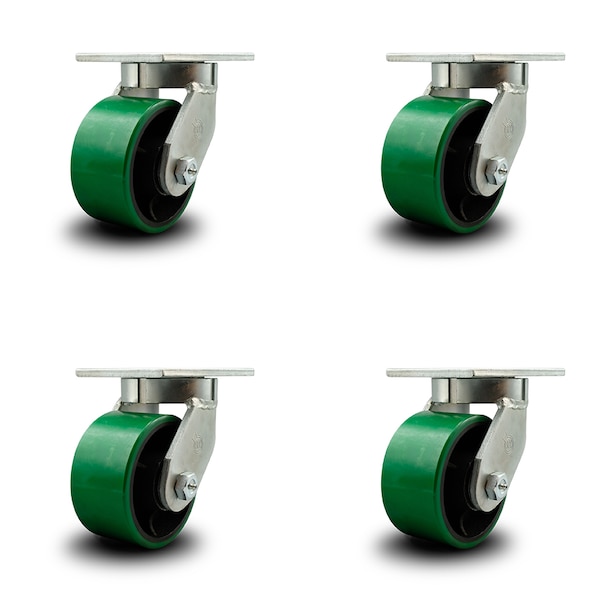 6 Inch Extra Heavy Duty Green Poly on Cast Iron Wheel Swivel Caster, 4PK